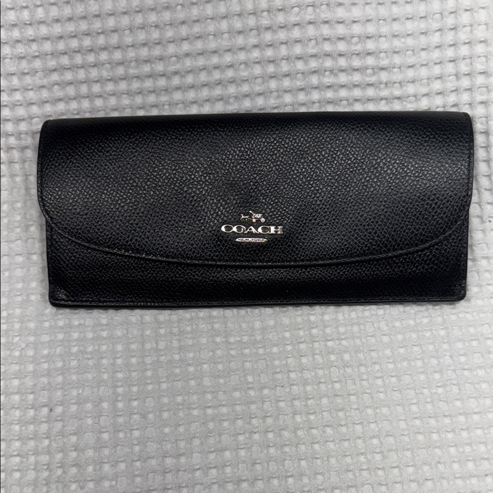 Coach Black Pebbled Leather Flap Continental Wallet with Logo - 3.5 x 7.5
